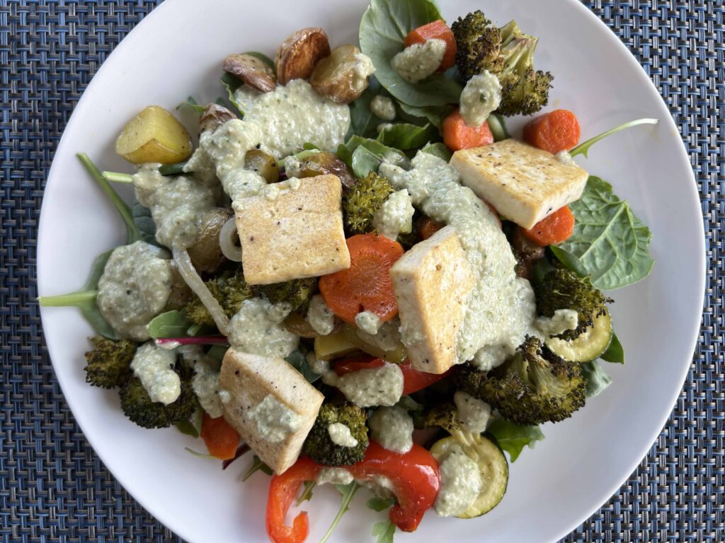 Easy Weeknight Roasted Veggie and Pesto Cashew Bowl
